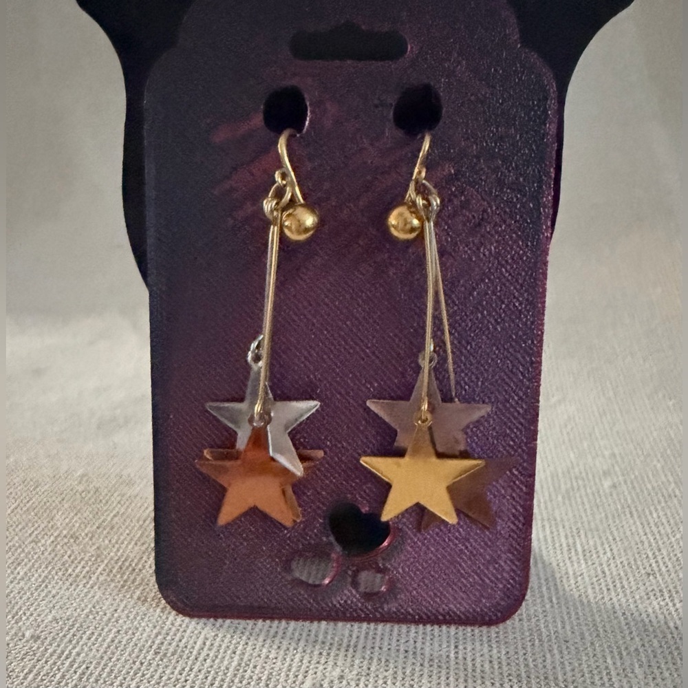 Clip-on Gold and Silver Double Star Drop Earrings